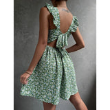 Summer Square-Neck Ruffled Sleeveless Dress With Bow-Tie Backless Design Fashion Casual Holiday Beach Dresses For Womens Clothing