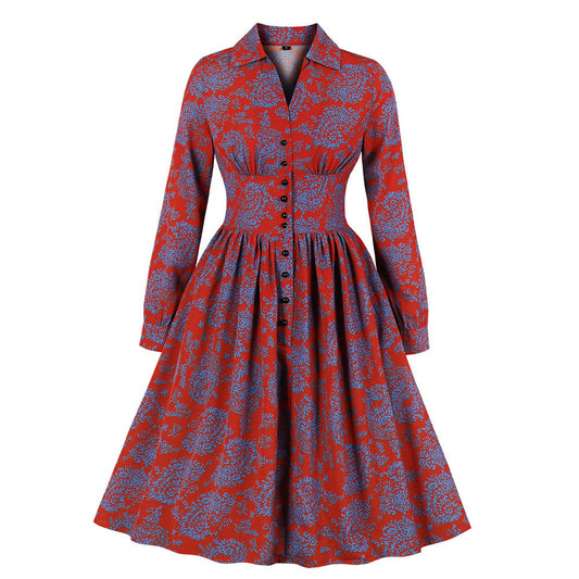 Elegante Vestido Acampanado Floral para Oficinistas con Solapa y Cintura Alta