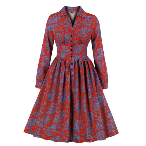 Elegant Floral A-Line Dress Office Ladies Lapel High Waist