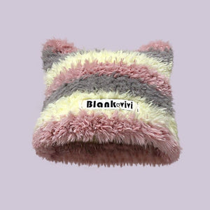 Warm Full With Cat Ears Contrast Color Striped Plush Wool Hat