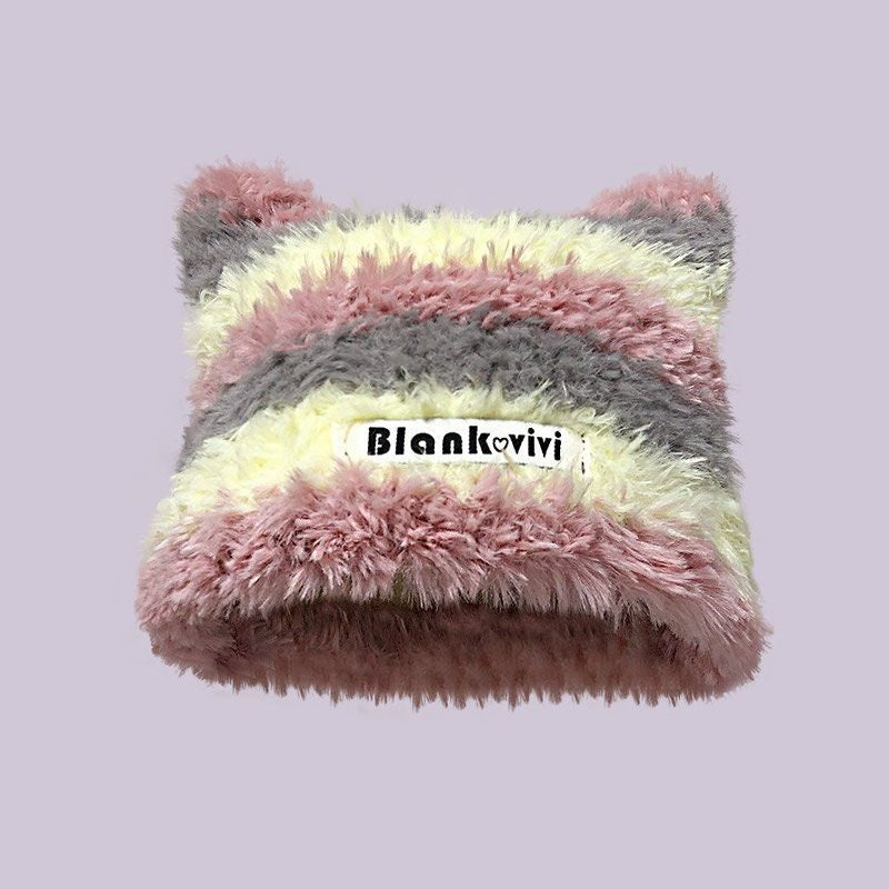 Warm Full With Cat Ears Contrast Color Striped Plush Wool Hat