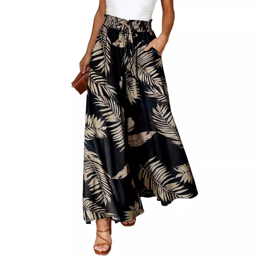 Flowers Printed Wide-leg Trousers Summer Casual Straight Pnats For Women Beach Clothing