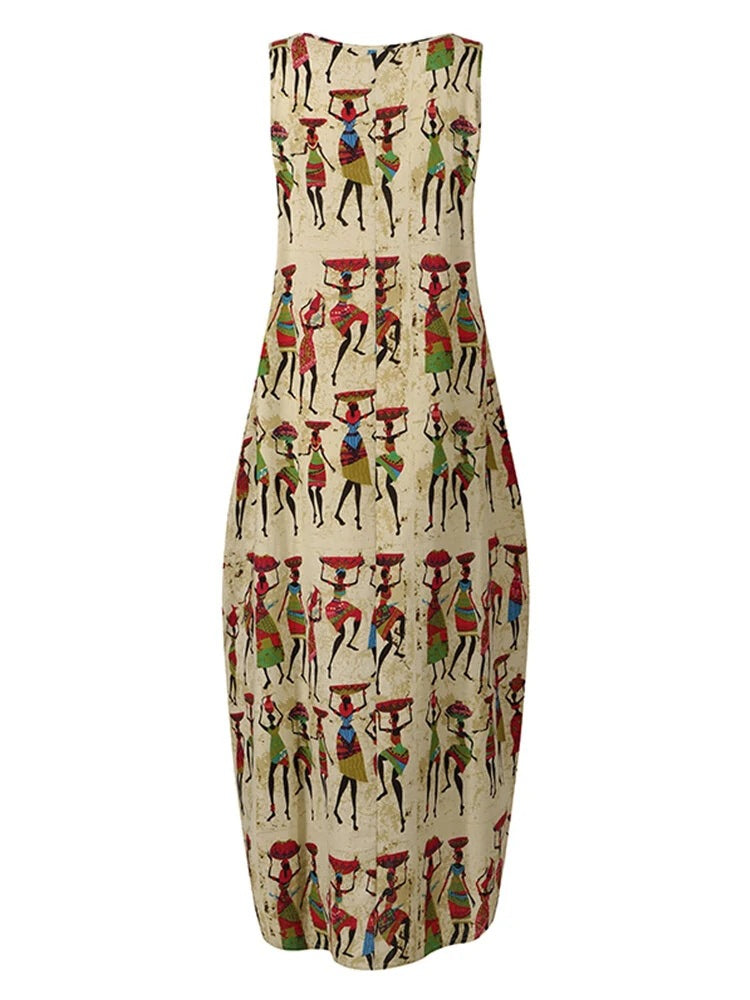 New European And American Literary Print Sleeveless Dress