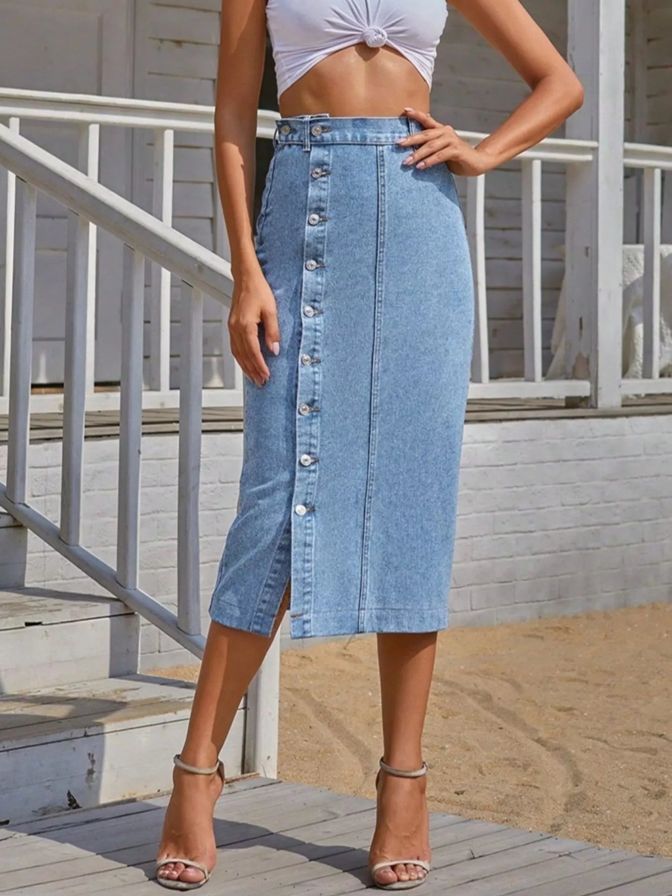 Shop Button-Front Denim Skirt - Women's Fashion | Akatonbo