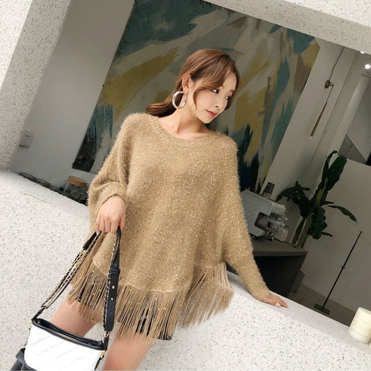 Pull Cape et Châle Ample à Paillettes et Glands Automne-Hiver