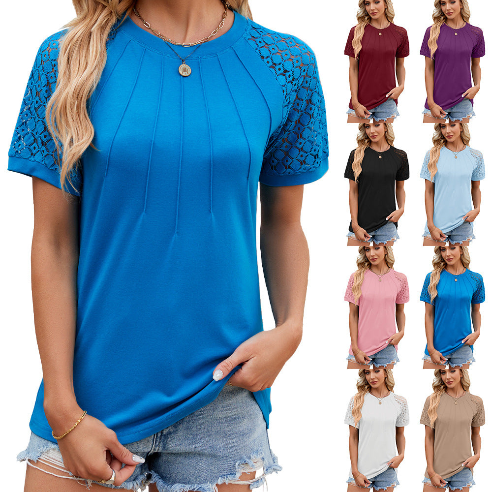 Haut uni à col rond pour femme, en dentelle évidée, t-shirt à manches courtes, vêtements d'été pour femmes