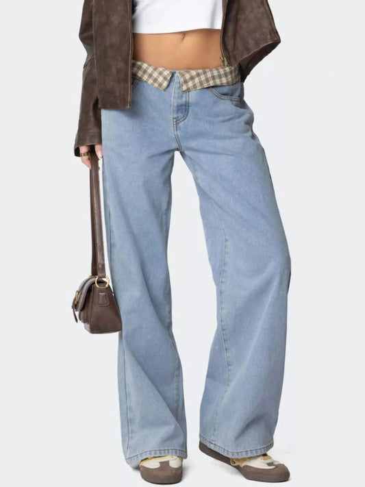 Shop Plaid Trim Wide Leg Jeans - Women's Fashion | Akatonbo