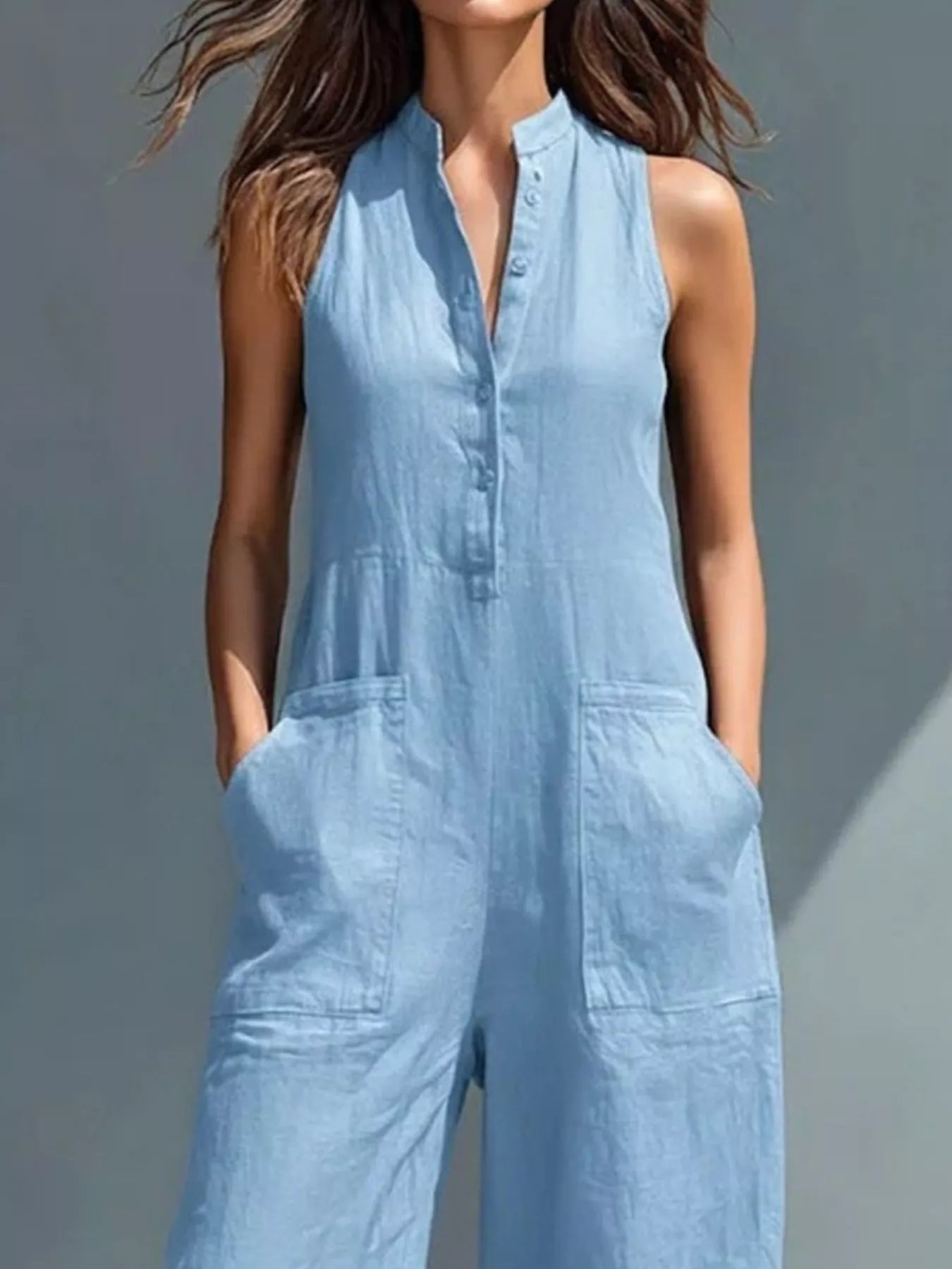 Shop Full Size Button Front Sleeveless Jumpsuit Plus Size - Women's Fashion | Akatonbo
