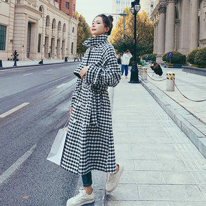 Women's Winter Classic Black And White Lattice Long Thick Woolen Coat