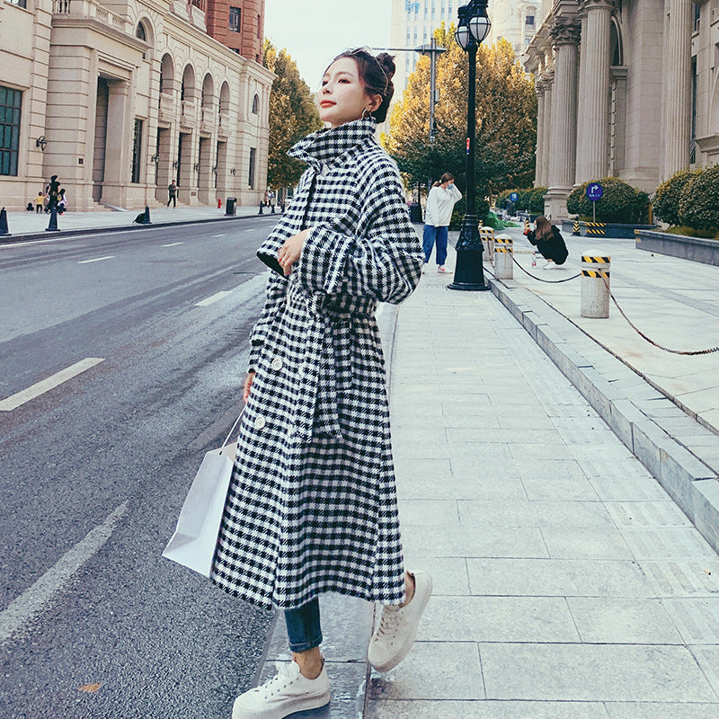 Women's Winter Classic Black And White Lattice Long Thick Woolen Coat