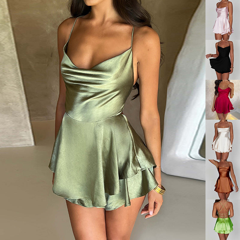 Akatonbo Sexy Suspender Skirt For Women Elegant Slim Strap Satin Backless Lace Up A-Line Short Dress Lady