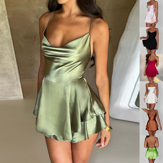 Akatonbo Sexy Suspender Skirt For Women Elegant Slim Strap Satin Backless Lace Up A-Line Short Dress Lady