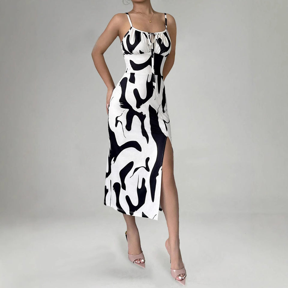 Summer Printed Suspender Split Dress