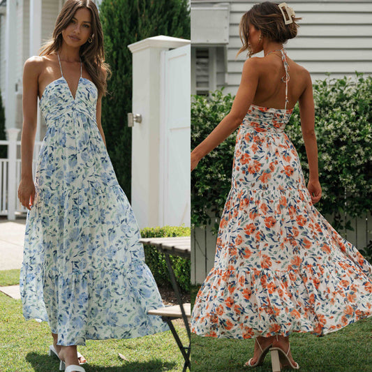Akatonbo Chiffon V-Neck Sleeveless Long Patchwork Dress