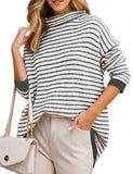 Hoteel Oversized Sweaters For Women Long Sleeve Striped Pullover Sweater Fall Turtleneck Knit Tunic Jumper Tops