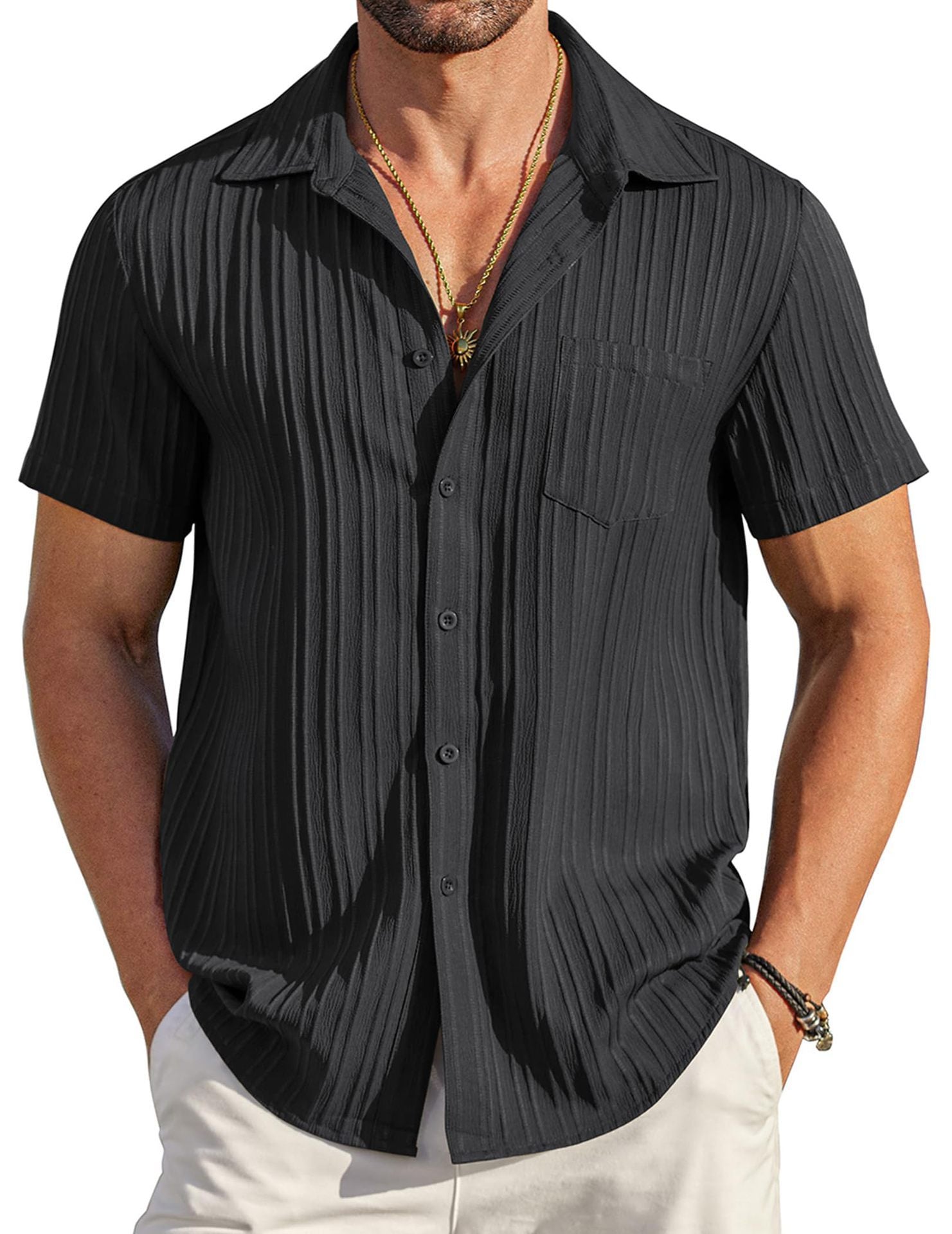 Polo Collar Solid Color Short Sleeve Button Shirt Men's Shirt