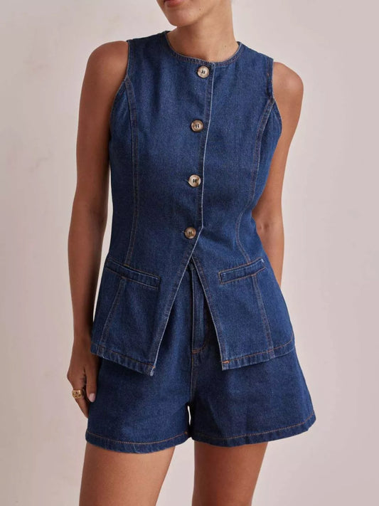 Shop Button Down Vest and Shorts Denim Set - Women's Fashion | Akatonbo