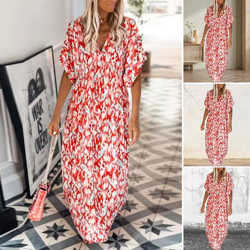 Classic Summer Printed V-neck Short Sleeve Women's Loose Dress
