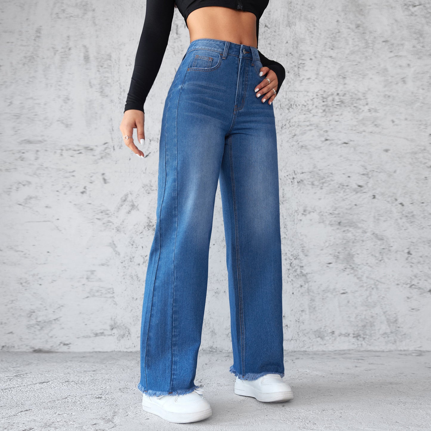 Jeans Anchos de Moda de Pierna Recta Informales de Talle Alto No Elásticos para Mujer