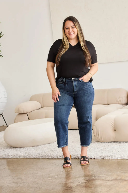 Shop RFM Full Size Tummy Control High Waist Raw Hem Jeans - Women's Fashion | Akatonbo