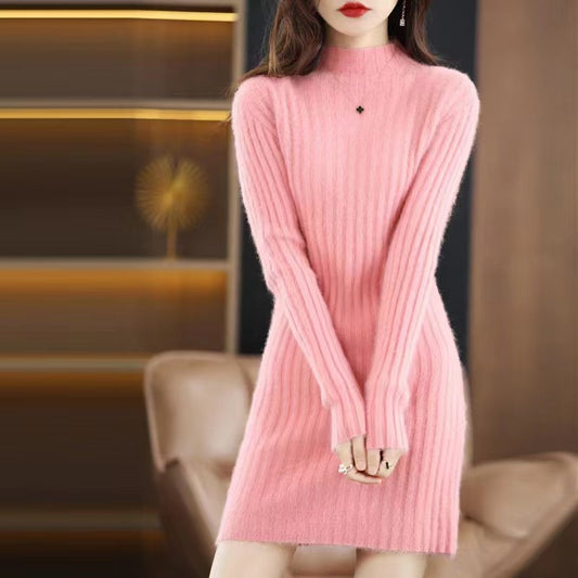 Pull en cachemire de vison artificiel d'automne et d'hiver pour femme, col semi-montant, coupe ajustée et amincissante