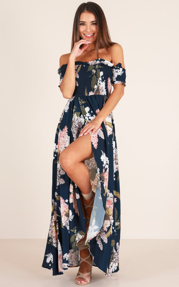 One-line Collar Off-shoulder High-waist Short-sleeved Dress
