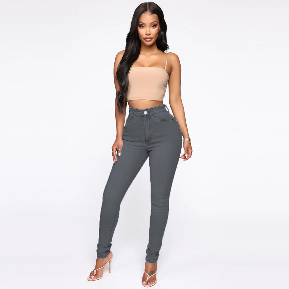 Fitted Jeans Pants For Women High Waist Trousers With Pockets