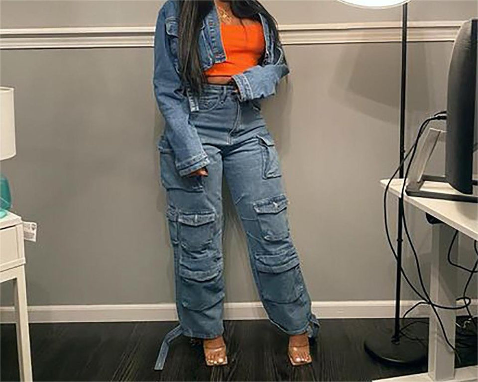 Multi-pocket Jeans Washed Overalls