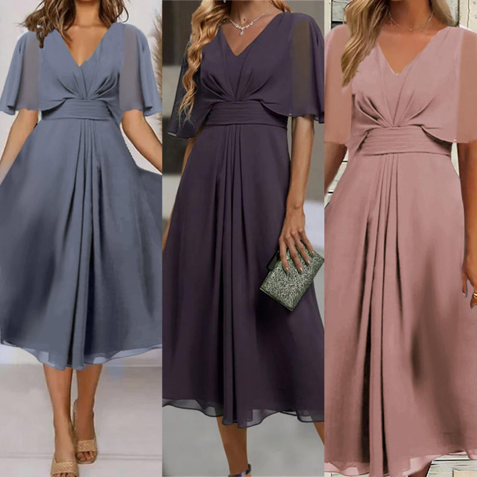 Fashion Solid Color And V-neck Waist Trimming Casual Swing Dress