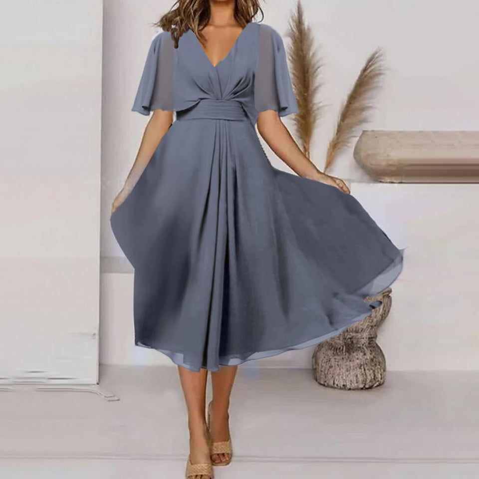 Fashion Solid Color And V-neck Waist Trimming Casual Swing Dress