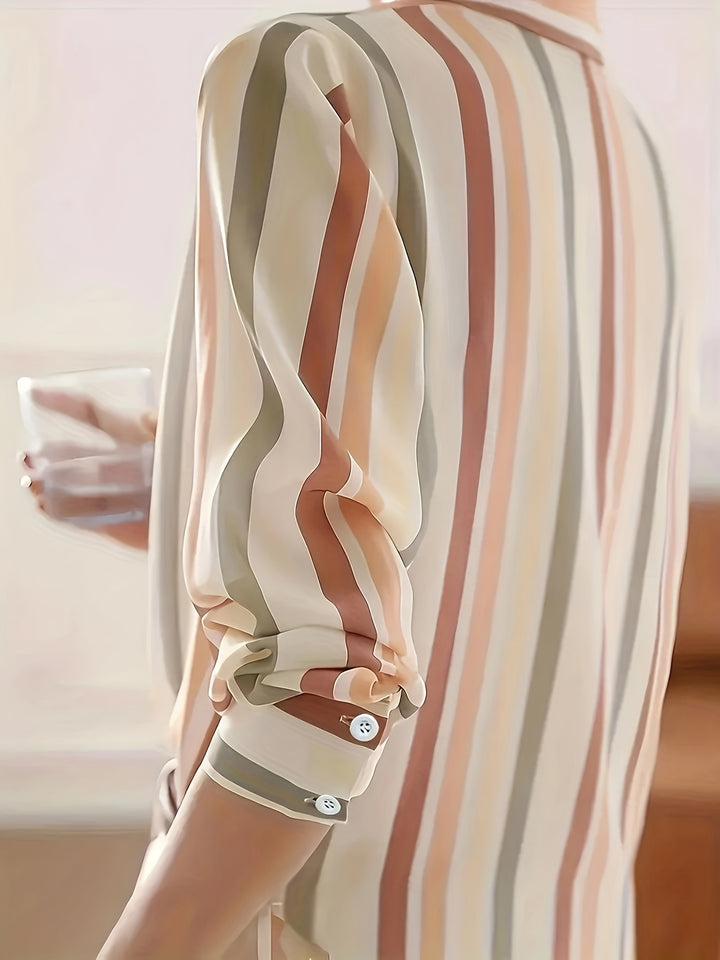 Ladies' Long-sleeved Striped Printed Versatile Casual Shirt