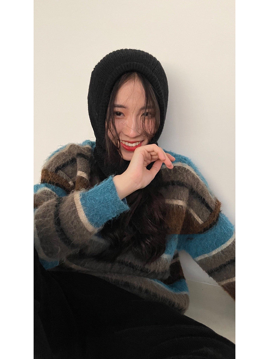 Women's Blue Striped Round Neck Loose Knitted Sweater