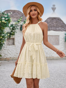 Solid Color Halter rneck Dress Summer Casual Lace Tie Waist