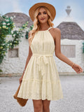 Solid Color Halter rneck Dress Summer Casual Lace Tie Waist