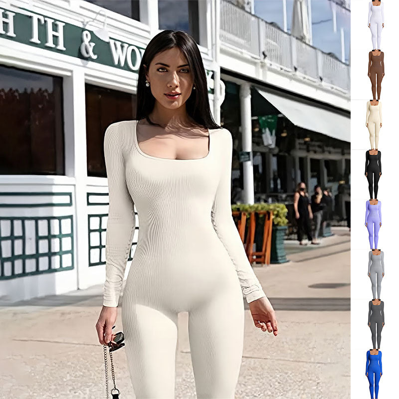 Combinaison de sport de yoga pour femmes, manches longues, col carré, vêtements d'entraînement