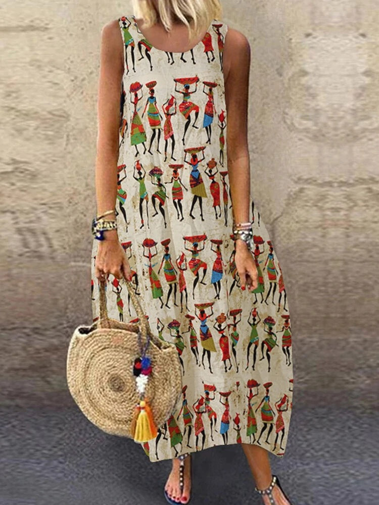 New European And American Literary Print Sleeveless Dress