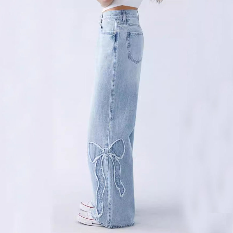 Women's Straight Trousers Embroidered Side Frayed Butterfly Jeans