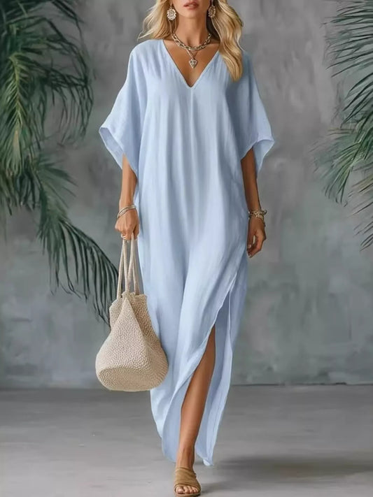 Shop Full Size V-Neck Maxi Dress with Side Slits Plus Size - Women's Fashion | Akatonbo