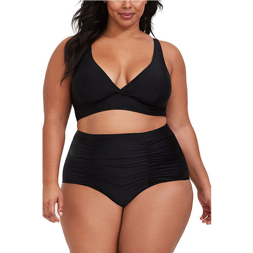 Plus Size V-neck high waist pleated swimwear two piece set