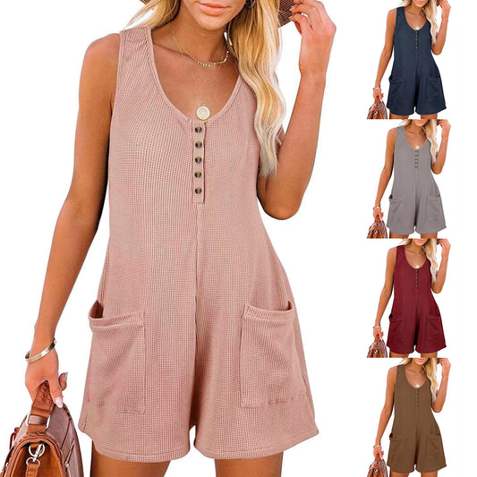 Akatonbo Casual Waffle Button Jumpsuit With Pockets Fashion Summer Beach Straight Shorts Overall Pants Womens Clothing