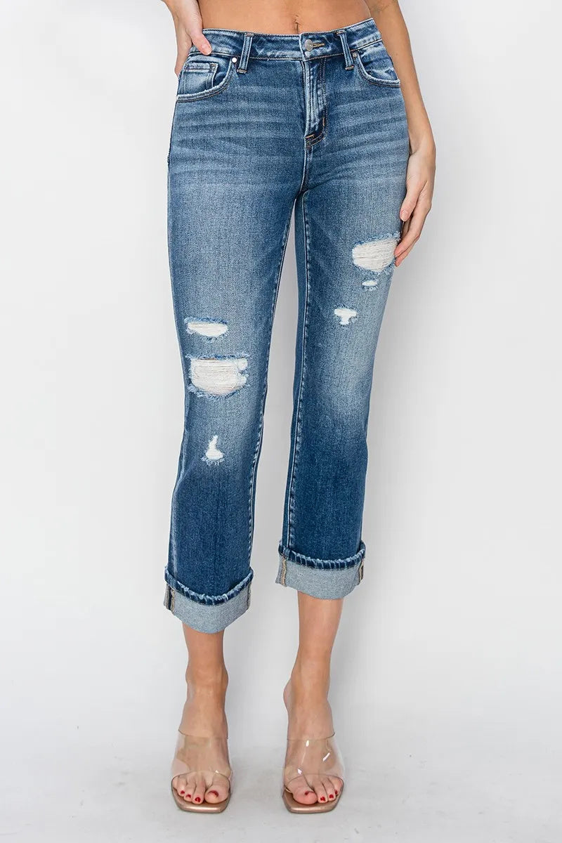 Jeans rectos desgastados Risen con dobladillo en los tobillos de talla completa