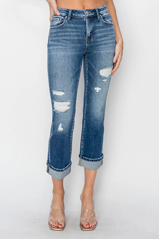 Akatonbo Risen Full Size Cuffed Ankle Distressed Straight Jeans