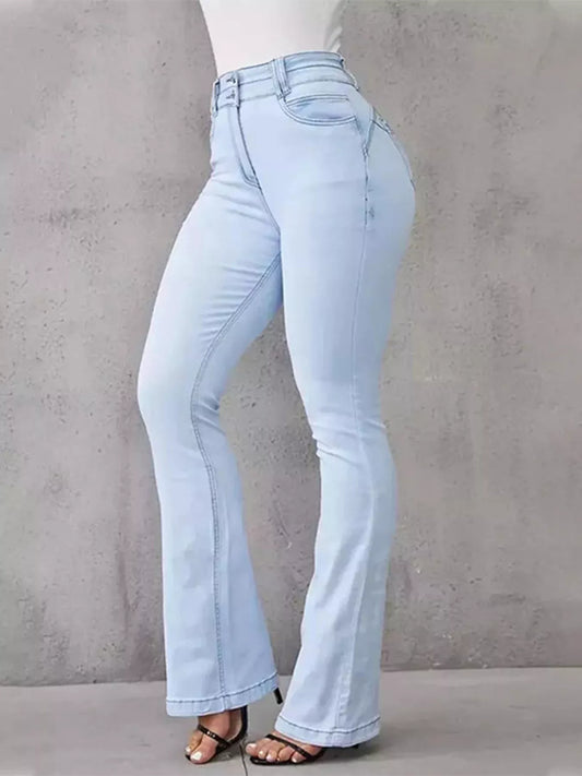 Shop Full Size Wash High-Waisted Flare Jeans Plus Size - Women's Fashion | Akatonbo