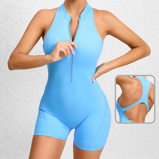 Akatonbo Zippered Yoga Fitness Shorts Jumpsuit Sleeveless Tummy Control Stretch Shapewear Butt Lifting Sportswear Women