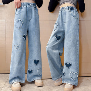 Girls' Love Raw Edge Denim Wide-leg Pants