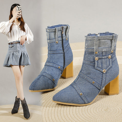 Denim Pointed Toe Chunky Heel Martin Boots Women