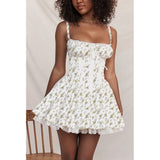 Sexy Lace Suspender Dress Summer Fashion Lace-up Slim Waist Pleated Short Dress