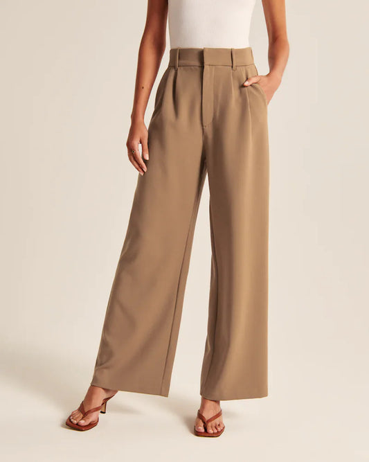 Pantalones rectos de cintura alta con bolsillos y pernera ancha informales para mujer