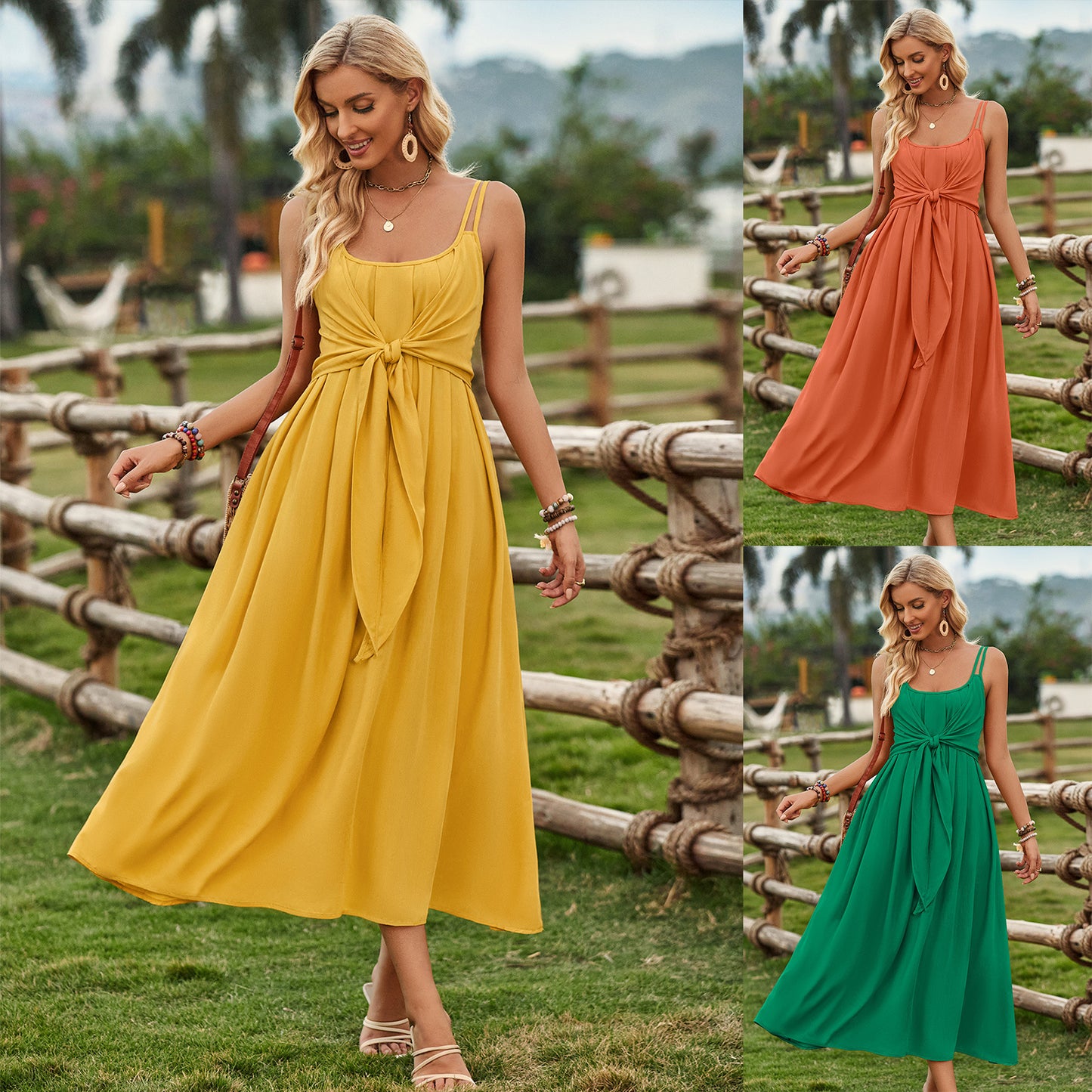 Robe longue bretelles couleur unie Printemps Et Été Nœud taille Cravate Design Robe Vêtements pour femmes