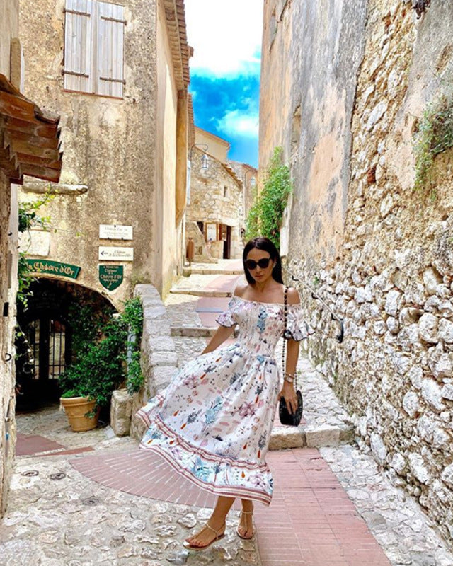 One-Line Neck Fitted Dress Printed Swing Skirt